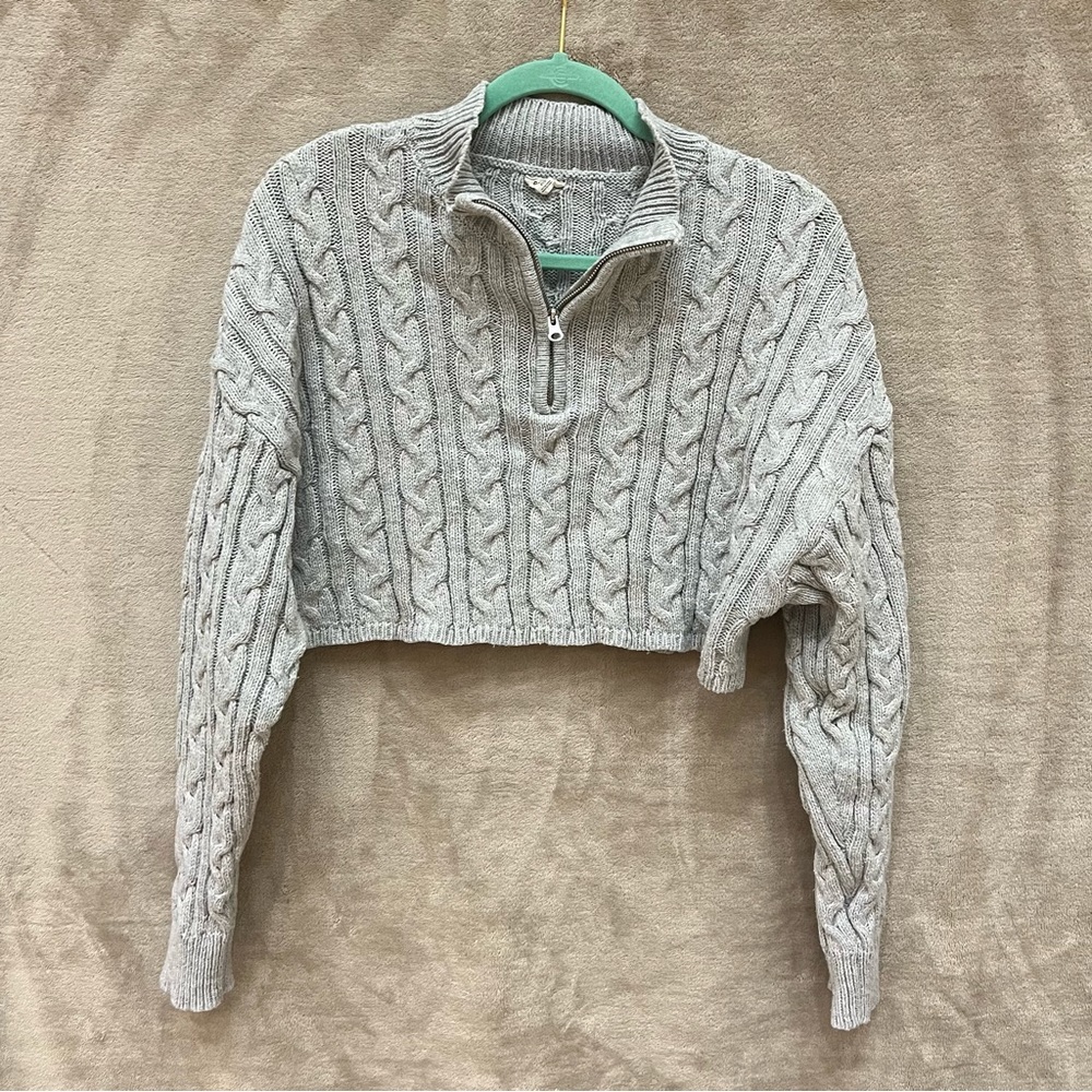 GARAGE Grey Cropped Cable Knit Sweater